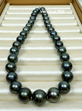 巨大11-14mm正圆强光大溪地黑珍珠项链串珠纯天然海水珍珠