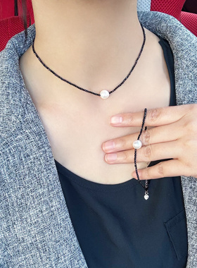 一物一拍极光正圆无瑕天然珍珠黑尖晶Choker项链锁骨链手链套装