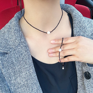 一物一拍极光正圆无瑕天然珍珠黑尖晶Choker项链锁骨链手链套装