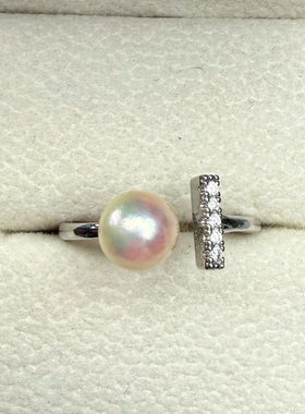 强光炫彩正圆Akoya纯天然海水珍珠戒指可调节开口圈复古气质