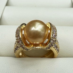 一物一拍浓金极光正圆无瑕南洋金珠天然珍珠戒指可调节