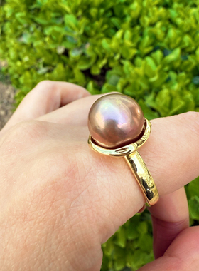 一物一拍巨大镜面极光金属色炫彩糖纸牛油果大圆巴天然珍珠戒指