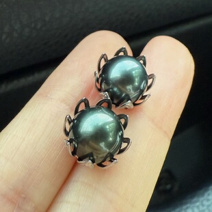 一物一拍强光正圆大溪地黑珍珠天然珍珠925纯银耳钉