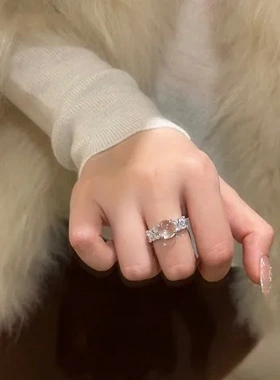 水沫玉排钻女玉石冰月国风戒指闭口S925纯银锆石新中式新中式蛋面