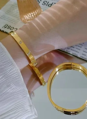 跨境玫瑰金手环窄版轻奢钛钢简约百搭椭圆形镶钻爆款时尚开口手镯