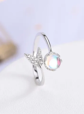 开口眼泪S925银人鱼戒指日韩风镶钻女榕树下指环炫彩鱼尾石人一件