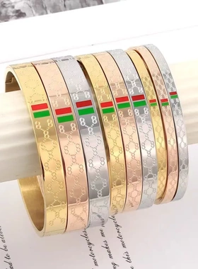 跨境潮流红绿杠手镯 钛钢18K金小圆点手环花纹开口手饰配饰