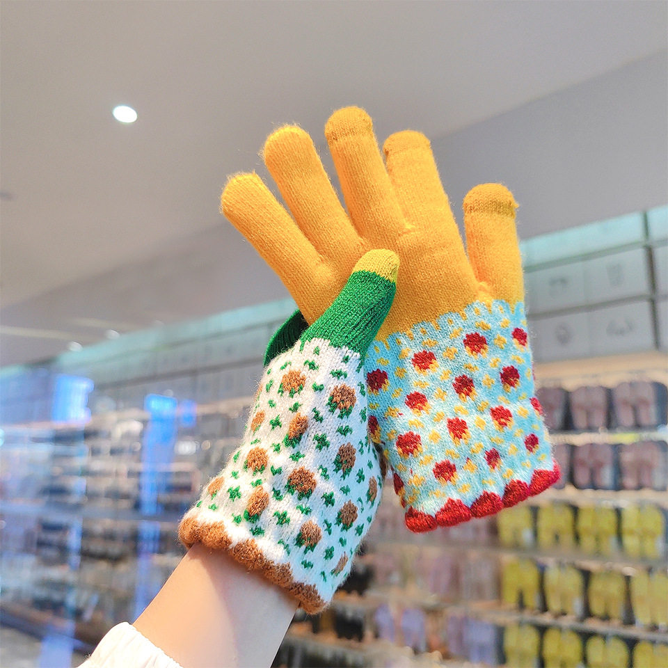 韩版时尚女士针织手套冬季保暖拉绒加厚毛线可爱学生写字骑车全指