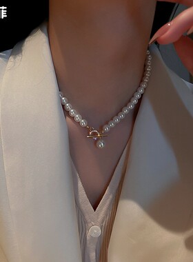 2023新款珍珠项链法式复古优雅气质锁骨链OT扣颈链女小众设计颈链