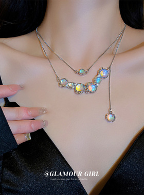 日韩新款月光石流苏项链网红小众冷淡风气质锁骨链时尚项饰女