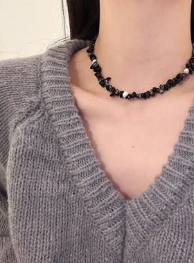 小众文艺黑色不规则水晶石珍珠项链 叠戴choker颈链中性冷淡风ins