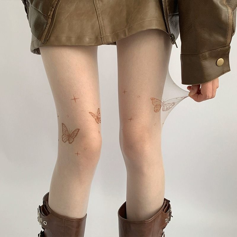 【美拉德纯欲风】蝴蝶印花连裤袜女 黑丝肉色防勾丝薄款透气丝袜H