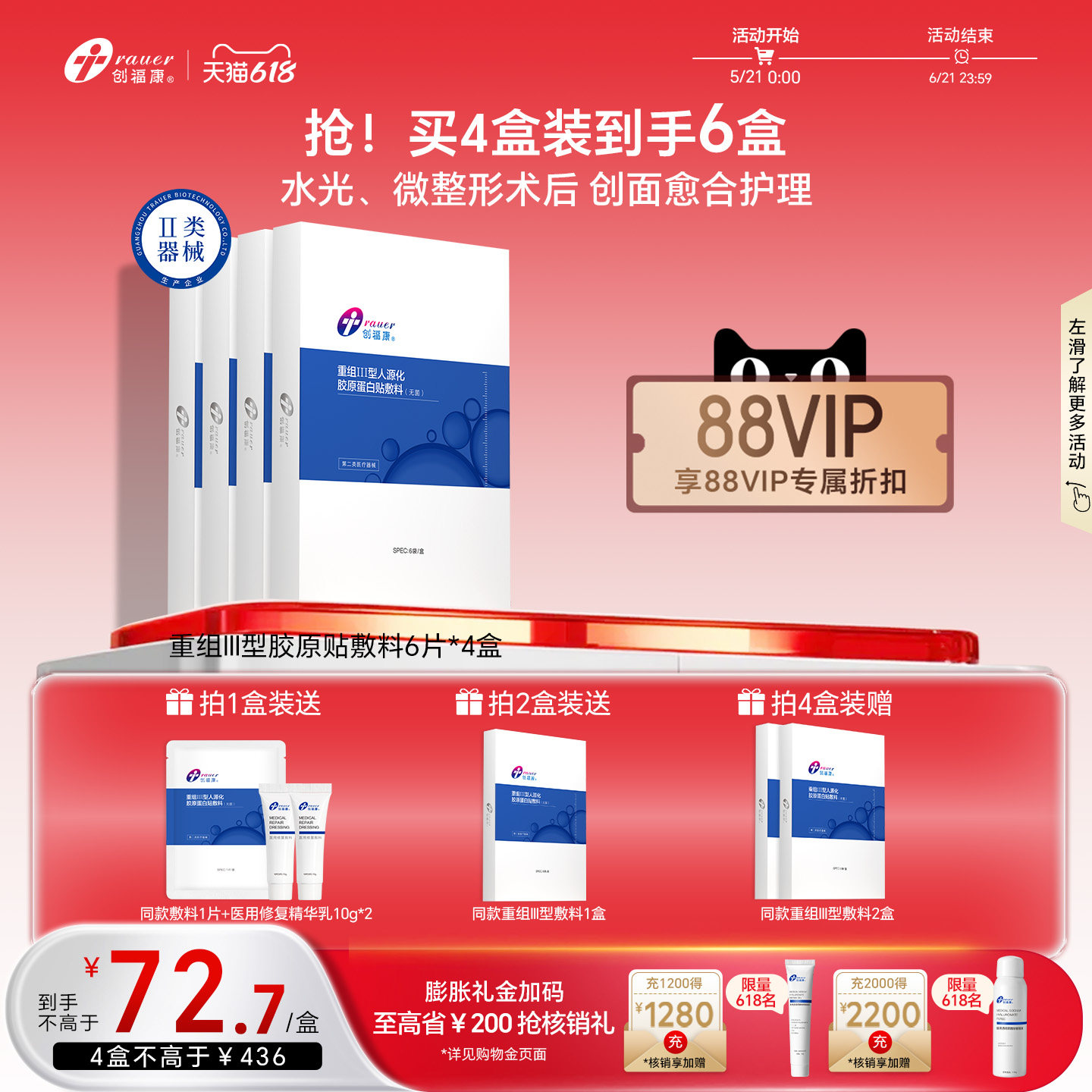 创福康重组Ⅲ型人源化胶原蛋白贴敷料创面术后医用非面膜6片/盒