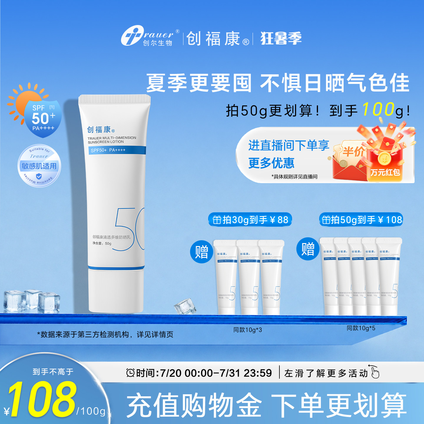 创福康清透多维高倍防晒霜妆前乳温和敏感肌不油腻spf50+