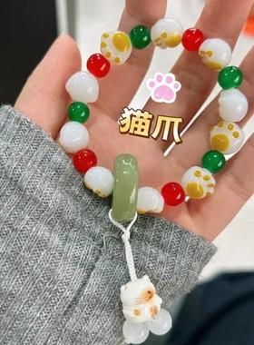 手链新中式国潮仿树脂猫爪女配饰绕指柔盘珠菩提炭烧手串