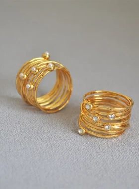 纹理镶钻戒指缠绕超美女手工锤绕线复古珍珠鸟巢法式多层食指戒打