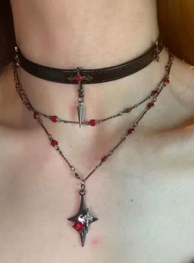 十字架锁骨链项链复古暗黑哥特风女高级感红色简约做旧y2k辣妹
