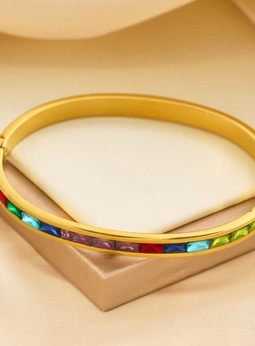 跨境欧美网红爆款手镯 时尚镶钻钛钢手镯 百搭彩钻不锈钢卡扣手镯