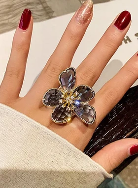 戒指指环潮气质戒子设计感食指时尚个性夸张开口水晶花女欧美网红