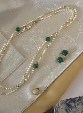 珍珠毛衣链多网红气质玻璃一款项链加长款绿玉髓轻奢戴时尚新中式