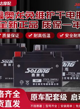 适用豪爵摩托车正品鑫奥龙原车电瓶12v5/6/7/9A全新免维护干电池