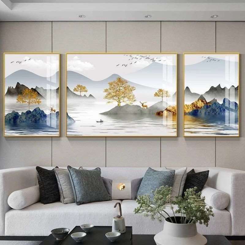 现代简约晶瓷三联画北欧风格客厅装修装饰画沙发背景墙有框三联画图片