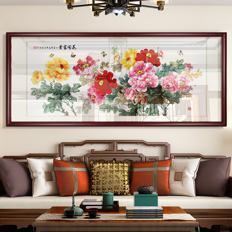 网红花开富贵客厅装饰画新中式牡丹花图餐厅沙发背景墙面壁画大气图片