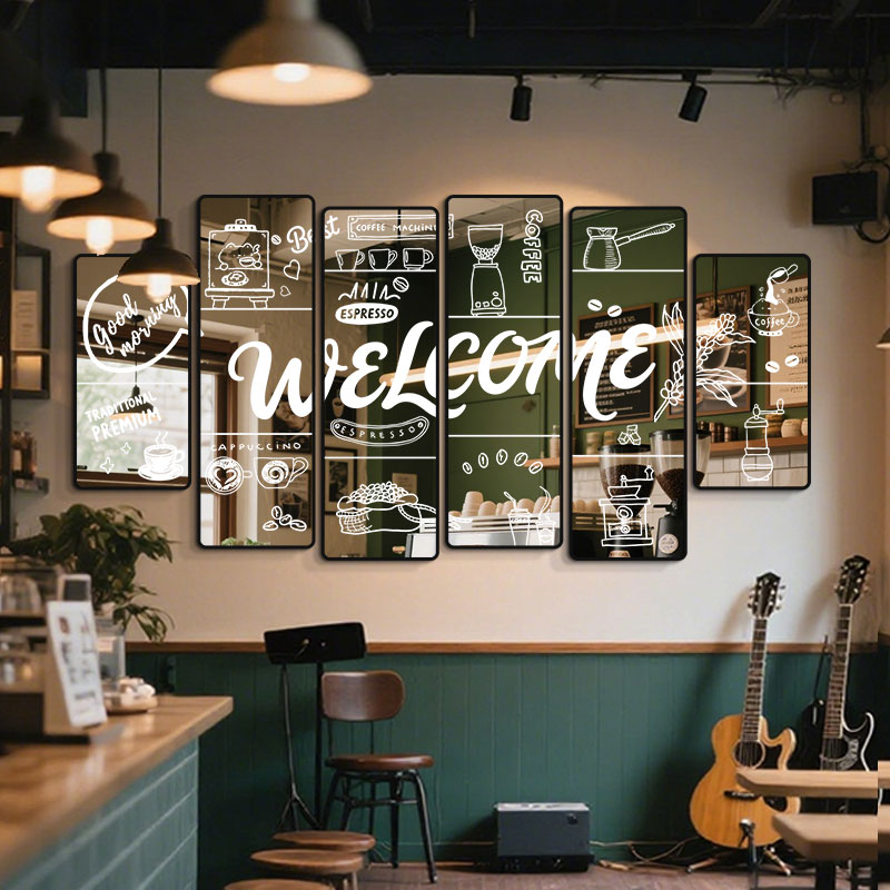 咖啡店休闲场所背景墙创意镜面布置装饰画网红奶茶饮品店壁画挂画