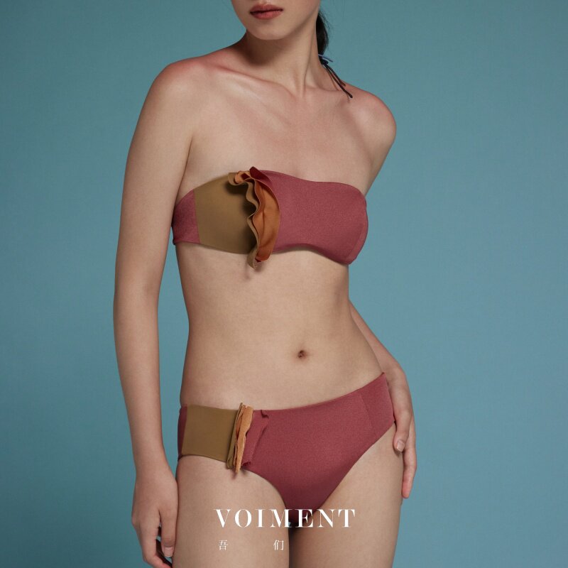 「暮色比基尼套装」VOIMENT吾们显白度假挂脖泳衣性感海边撞色NIA