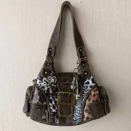 Sanwai Angel's Kiss Original Retro Vintage Distressed Leopard Print Patchwork Hot Girl Pillow Shoulder Crossbody Bag