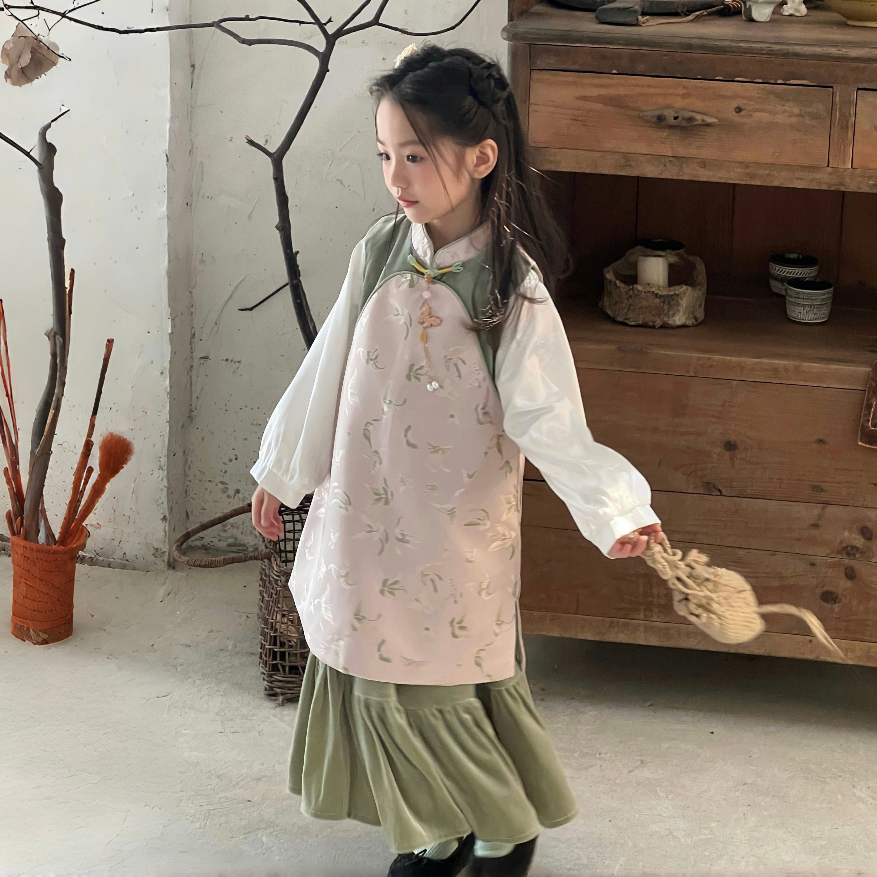 「清秋意」女童织锦缎马甲旗袍2025秋季新款国风儿童古风套装裙子