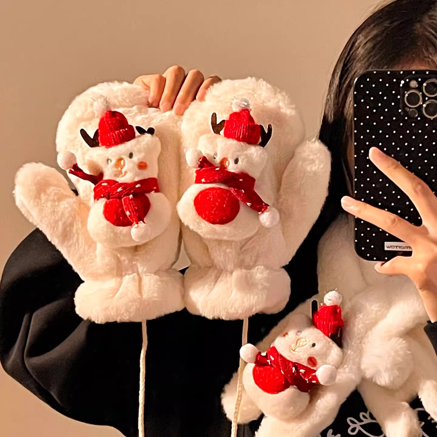 可爱圣诞节雪人手套毛绒连指棉手套女生秋冬挂脖手套毛茸茸保暖