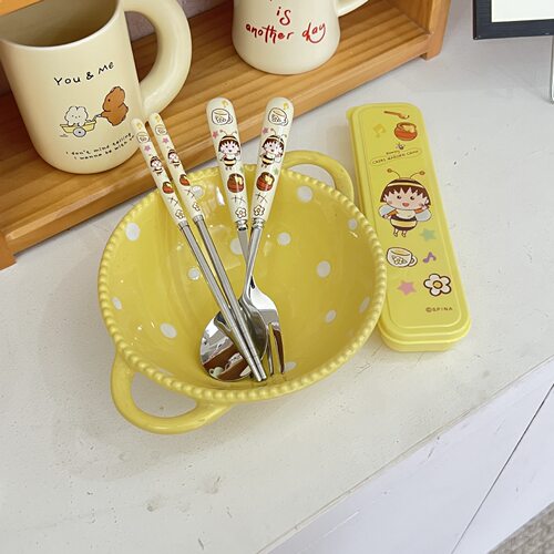 樱桃小丸子便携餐具套装不锈钢学生宿舍餐具上班族单人餐具ins风