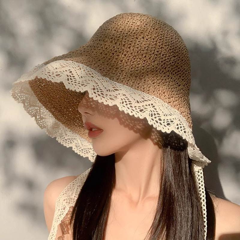 法式蕾丝花边草帽女夏季大帽檐飘带渔夫帽海边可折叠遮阳拍照帽子