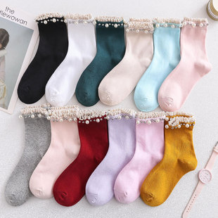 花边珍珠袜子女中筒袜ins潮春秋季 棉袜蕾丝纯色短袜百搭女士长袜