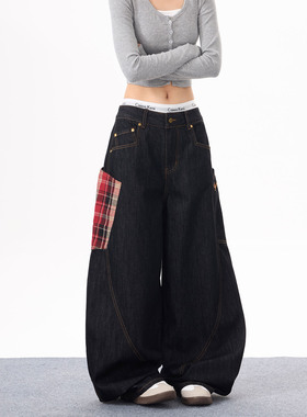 KYNOS 美式街头红色格纹口袋弯刀牛仔裤男女高街宽松阔腿拖地长裤