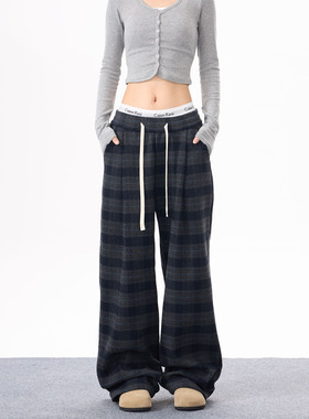 KYNOS 美式复古撞色格子毛呢卫裤男女宽松慵懒风直筒休闲百搭长裤
