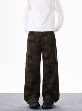 KYNOS 美式复古街头军绿色迷彩工装裤男女宽松休闲阔腿大口袋长裤