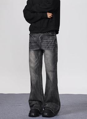 KYNOS 美式复古高街水洗做旧闪电纹牛仔裤男女直筒微喇休闲长裤潮