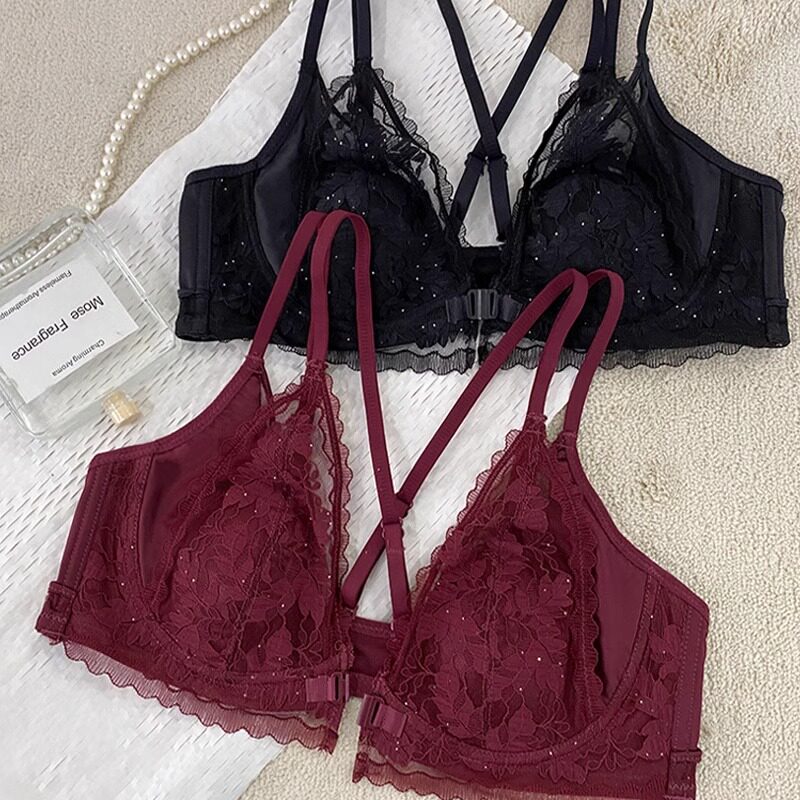 前扣美背内衣女超薄款大胸显小聚拢上托防下垂兔耳朵性感蕾丝文胸