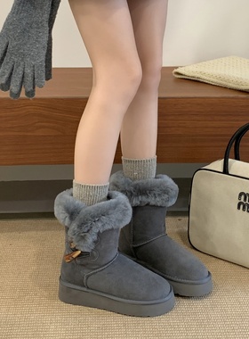 灰色雪地靴女2025冬季新款时尚厚底加绒加厚中筒百搭雪地棉靴棉鞋