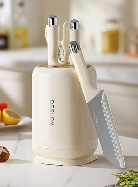 德世朗米白刀具套装家用厨房菜刀菜板刀具收纳架DFS-TZ023WH-5A