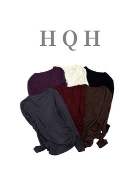 『1004#』秋季V领简约经典百搭褶皱收腰纯色显瘦叠穿长袖T恤