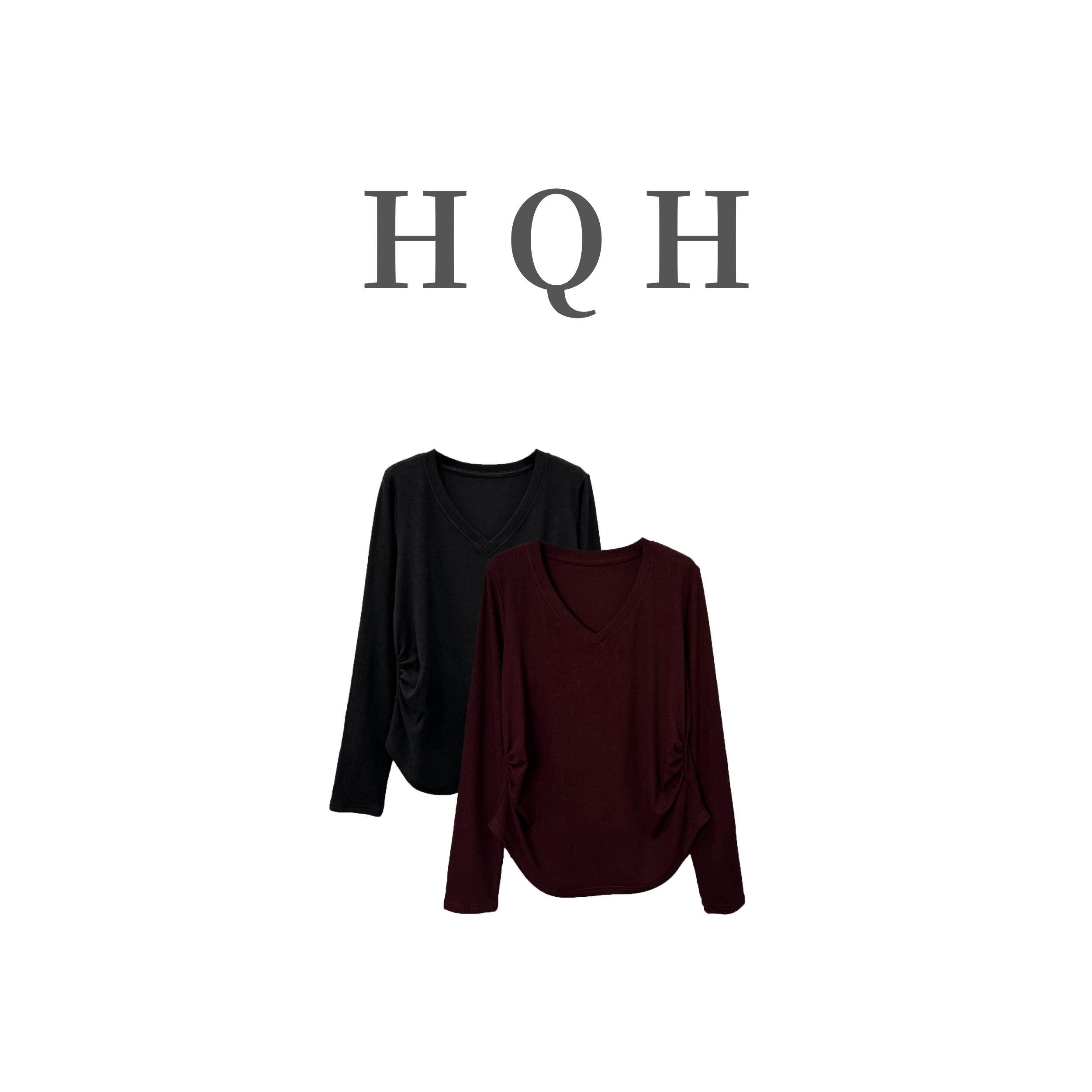 V领长袖T恤设计感褶皱