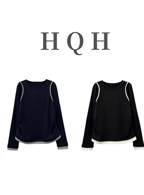 『1465#』设计感修身显瘦撞色拼接圆领韩系外穿内搭百搭长袖上衣