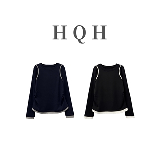 『1465#』设计感修身显瘦撞色拼接圆领韩系外穿内搭百搭长袖上衣