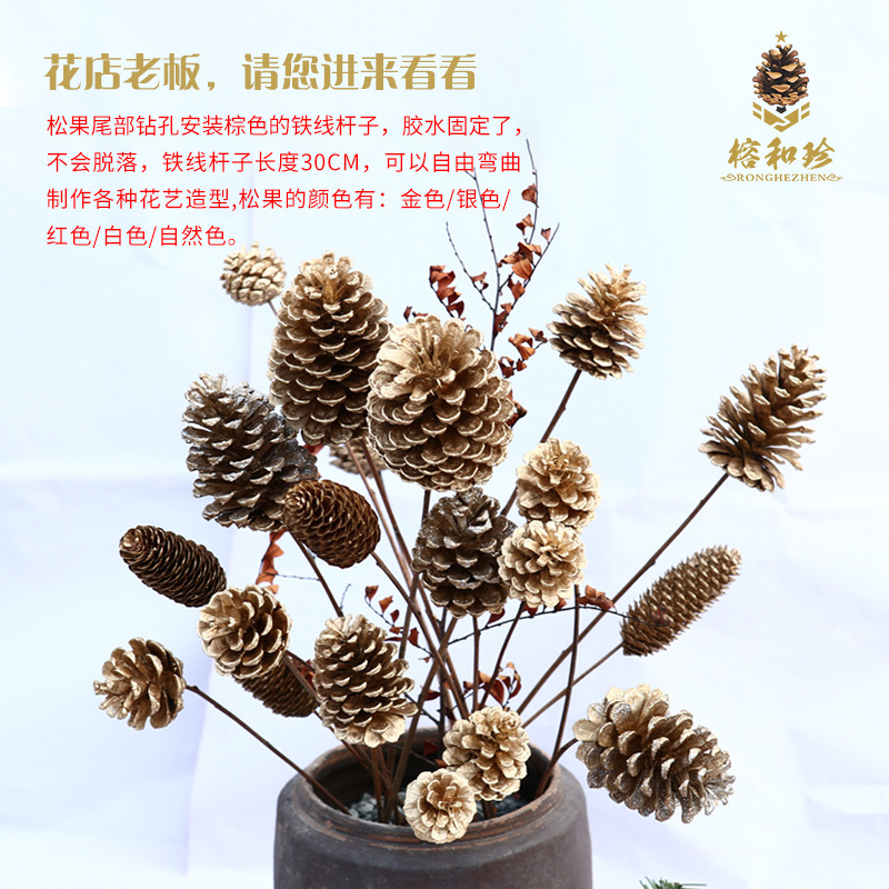 松果干花装饰品 圣诞松果打孔安装铁线杆子 松果装饰摆件