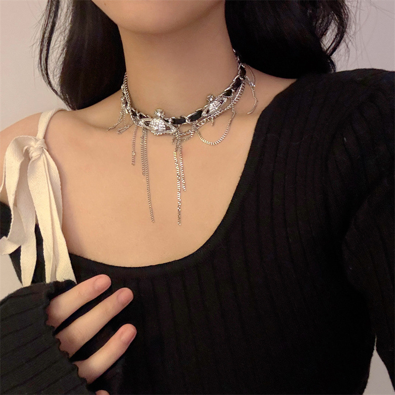 项圈缠绕链条流苏长款金属皮革项链朋克y2k亚文化小众锁骨链