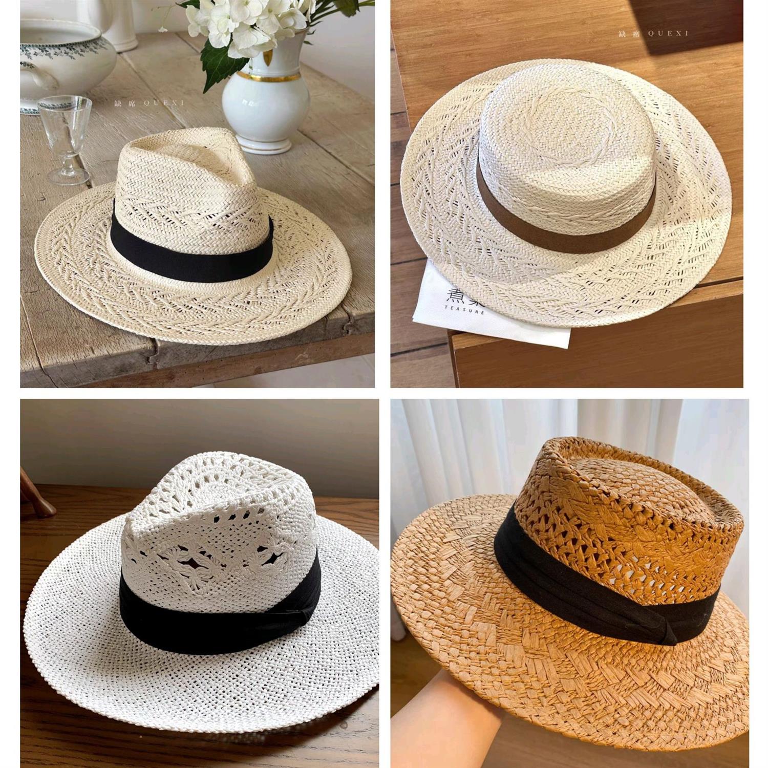 纯手工草帽女新款老钱风法式礼帽海边度假镂空编织平顶防晒帽大码