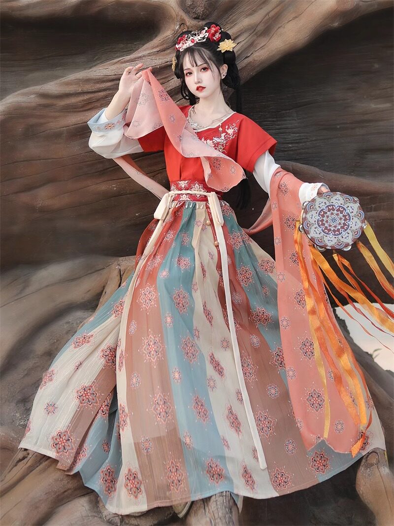 大唐公主敦煌飞天女成人夏天古装套装中国风服装中秋红色